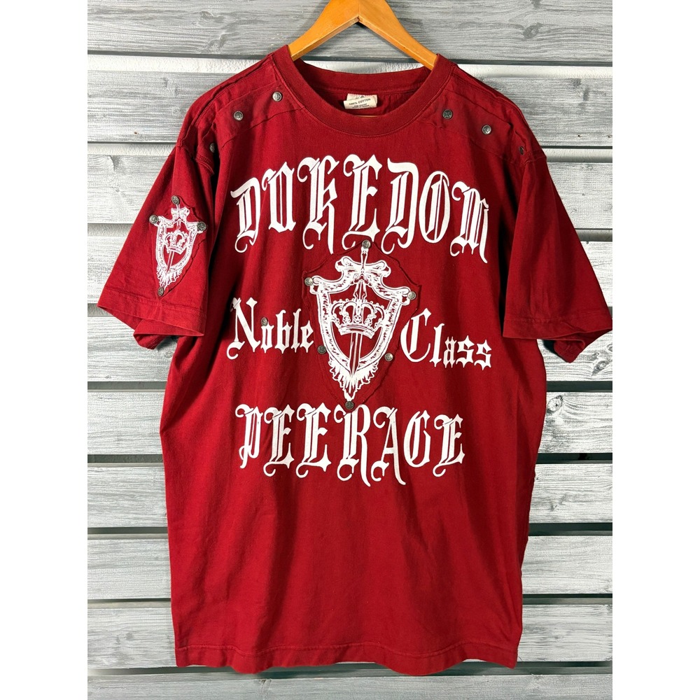 Raw Blue Mens Dukedom Noble Class Graphic T-Shirt Red Gothic Studded 2XL vtg
